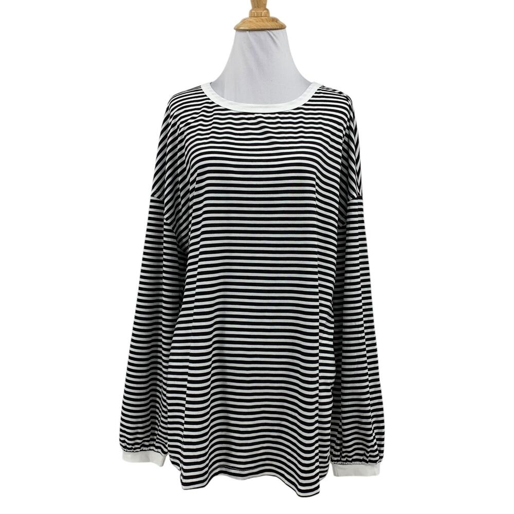Evaless Shirt Womens L Large Black White Striped Long Sleeve Drop Shoulder Top